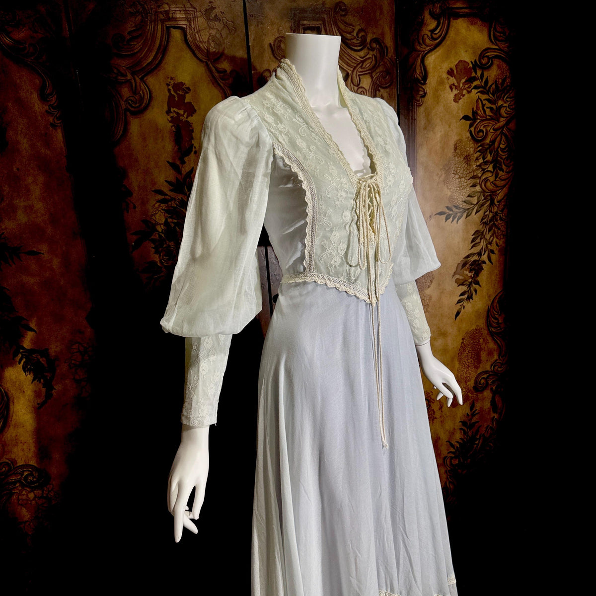 vintage GUNNE SAX romantic prairie maxi dress, 1970s Powder Blue Edwardian Revival boho dress