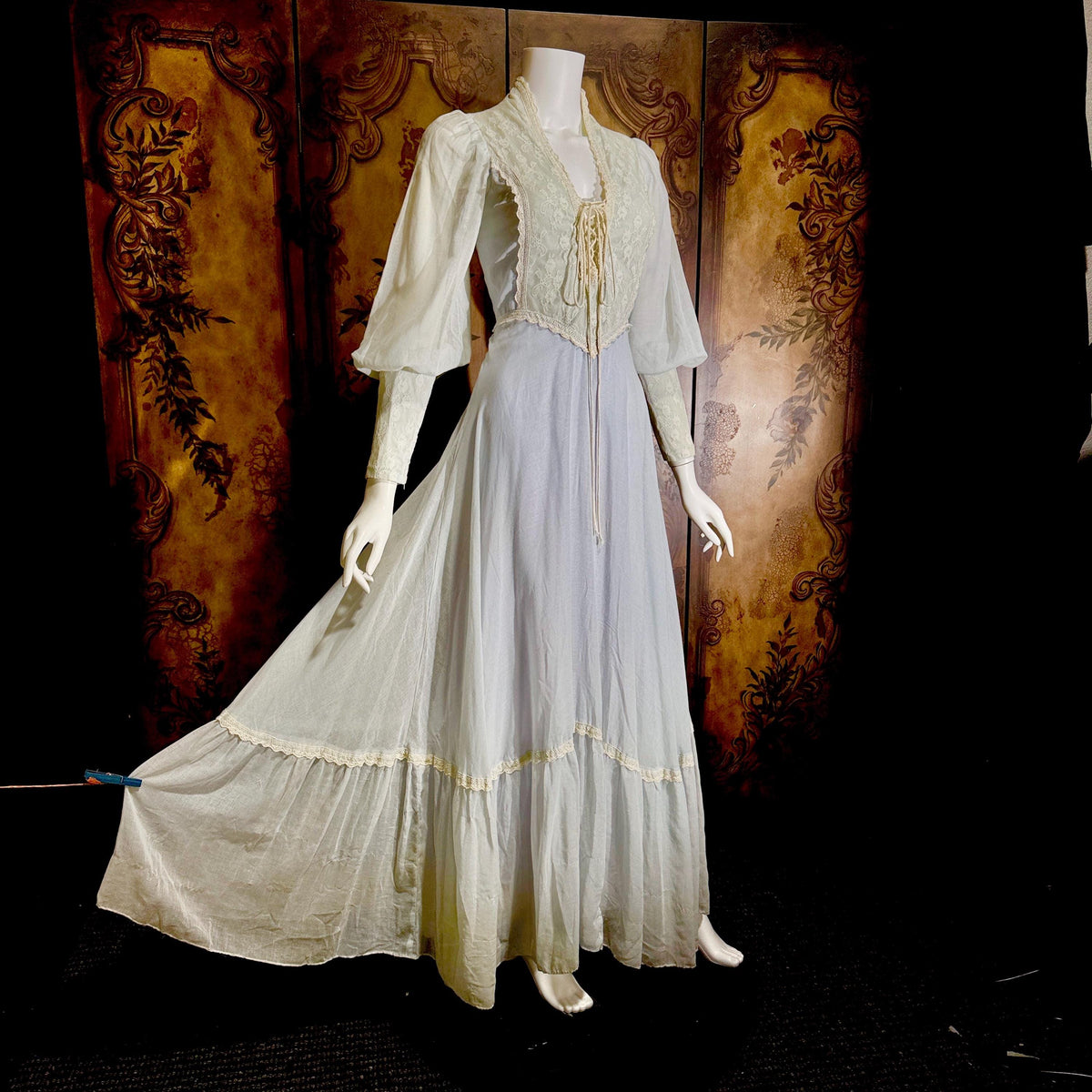 vintage GUNNE SAX romantic prairie maxi dress, 1970s Powder Blue Edwardian Revival boho dress
