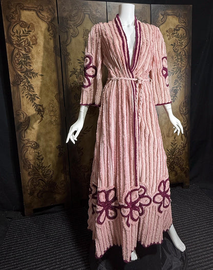vintage 1940s chenille robe dressing gown, Dusty Pink cotton wrap front housecoat