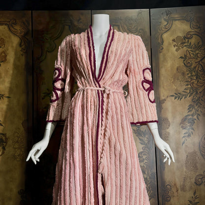 vintage 1940s chenille robe dressing gown, Dusty Pink cotton wrap front housecoat