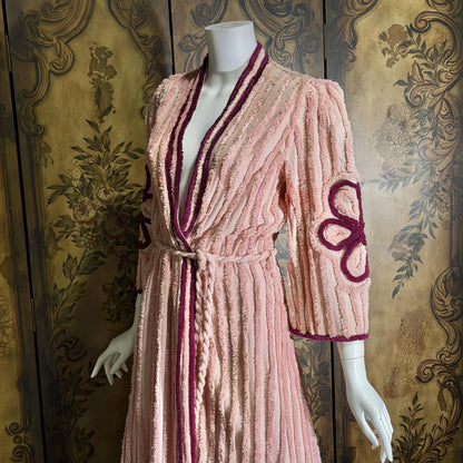 vintage 1940s chenille robe dressing gown, Dusty Pink cotton wrap front housecoat