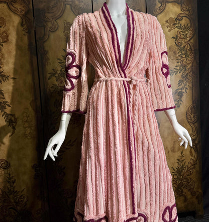 vintage 1940s chenille robe dressing gown, Dusty Pink cotton wrap front housecoat
