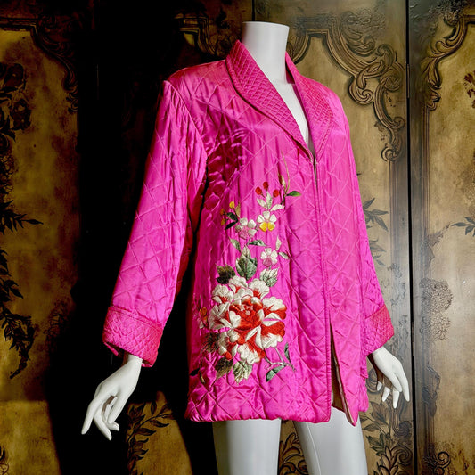 Vintage 1940s dressing robe, Hot Pink Embroidered Lounging Evening Jacket