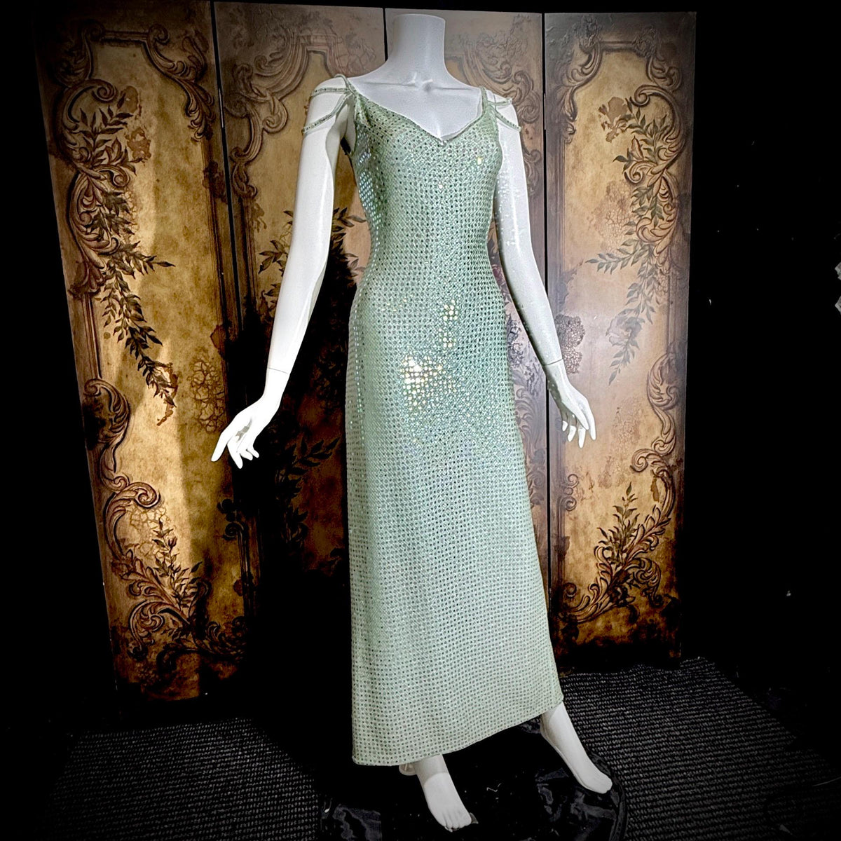 vintage ST JOHN EVENING 1980s evening gown, Dusty Green Sequin knit long dress