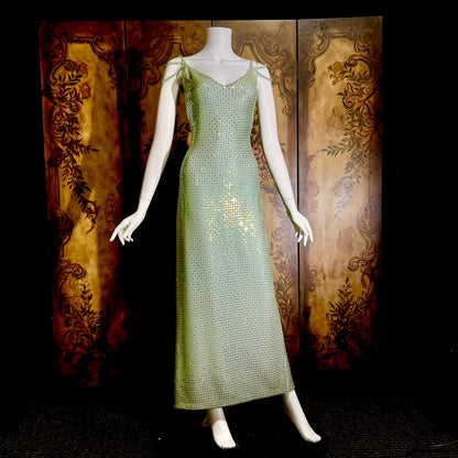 vintage ST JOHN EVENING 1980s evening gown, Dusty Green Sequin knit long dress