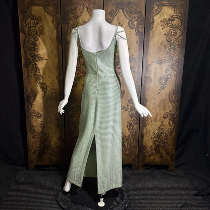 vintage ST JOHN EVENING 1980s evening gown, Dusty Green Sequin knit long dress