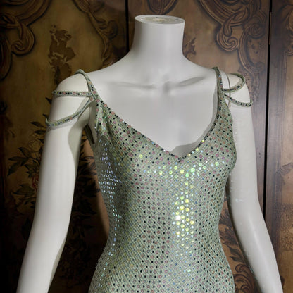 vintage ST JOHN EVENING 1980s evening gown, Dusty Green Sequin knit long dress