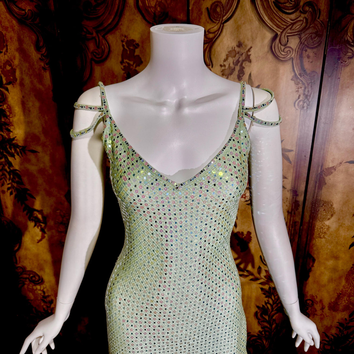 vintage ST JOHN EVENING 1980s evening gown, Dusty Green Sequin knit long dress