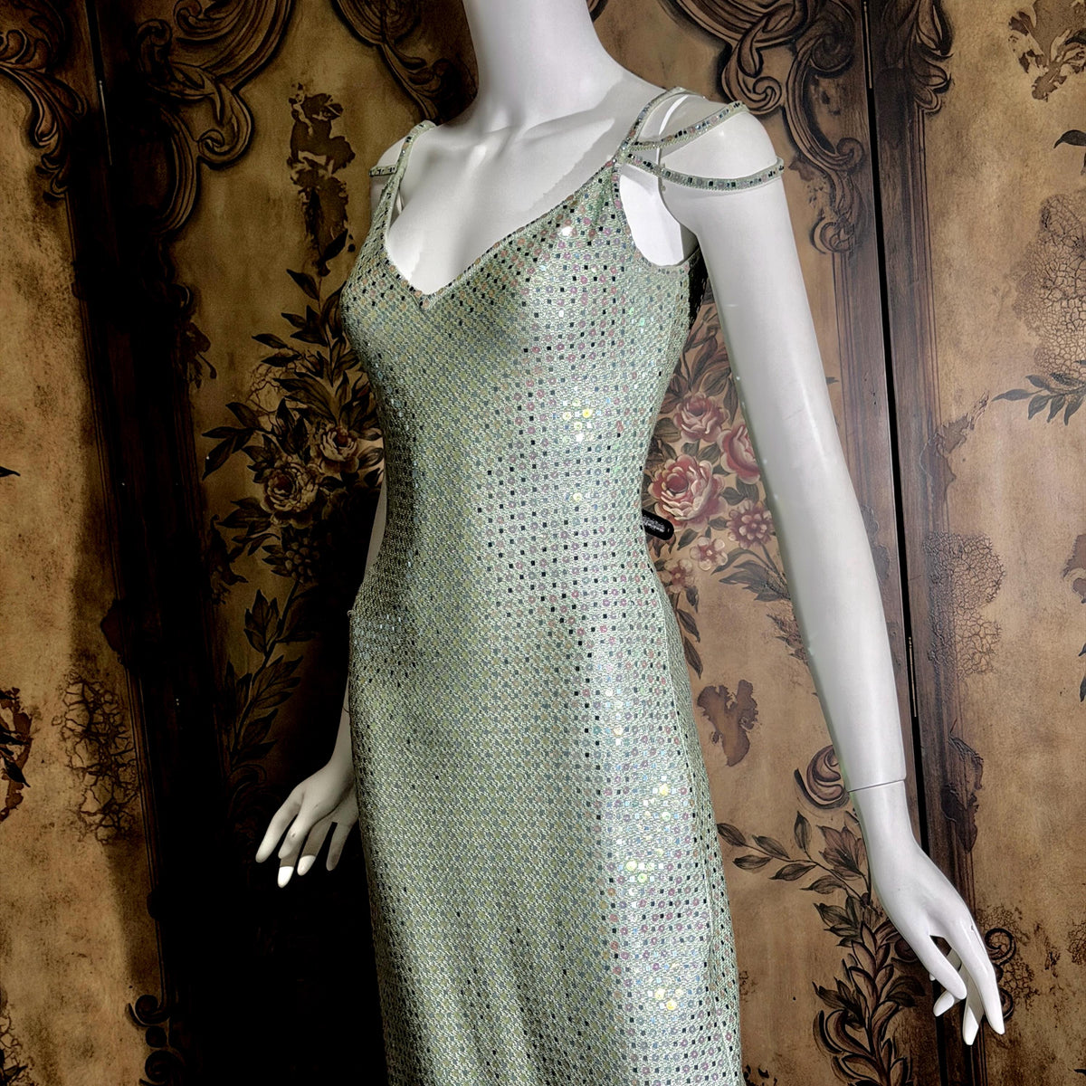 vintage ST JOHN EVENING 1980s evening gown, Dusty Green Sequin knit long dress