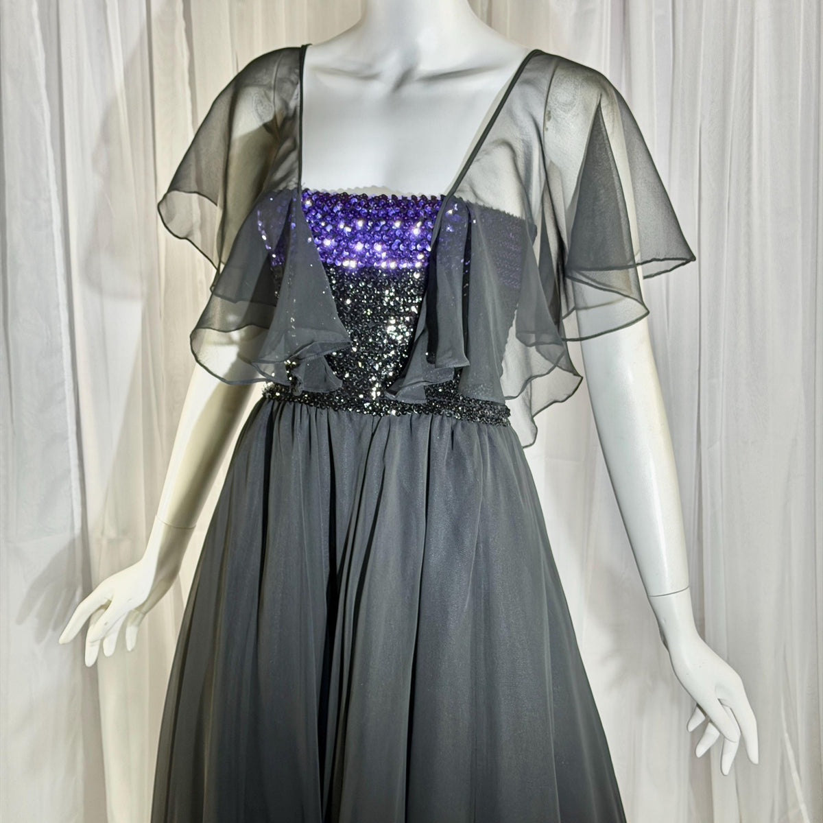 JEAN VARON, Made in England, vintage 1970s sequin and chiffon scarf evening dress