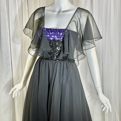 JEAN VARON, Made in England, vintage 1970s sequin and chiffon scarf evening dress