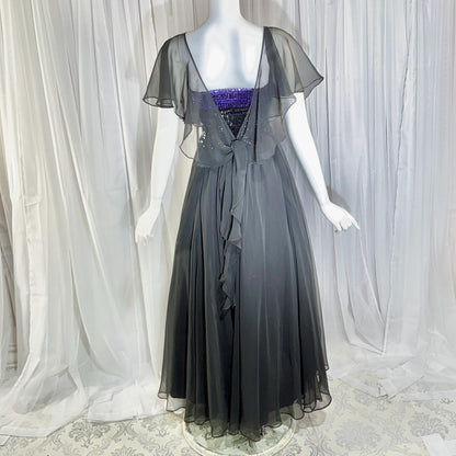 JEAN VARON, Made in England, vintage 1970s sequin and chiffon scarf evening dress