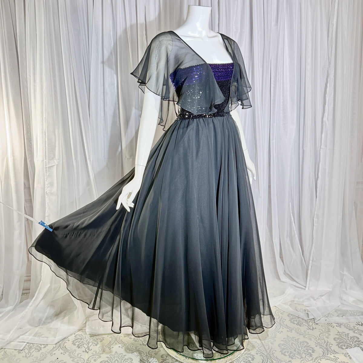 JEAN VARON, Made in England, vintage 1970s sequin and chiffon scarf evening dress