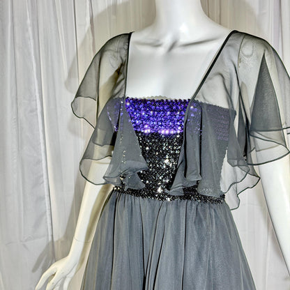 JEAN VARON, Made in England, vintage 1970s sequin and chiffon scarf evening dress