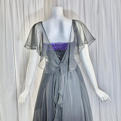 JEAN VARON, Made in England, vintage 1970s sequin and chiffon scarf evening dress