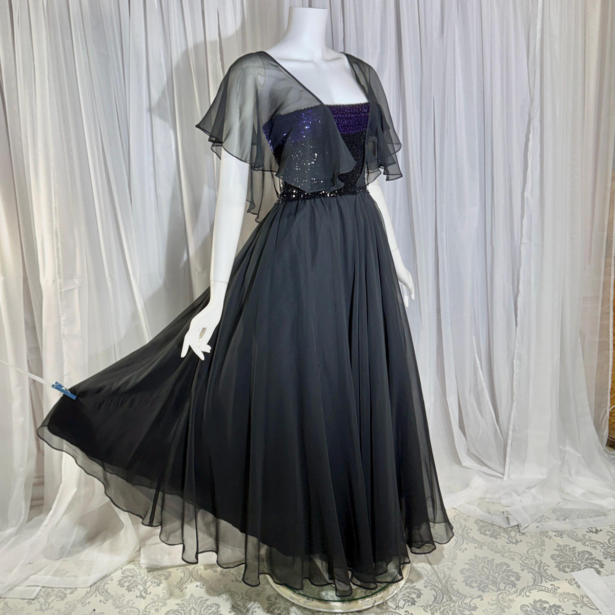 JEAN VARON, Made in England, vintage 1970s sequin and chiffon scarf evening dress