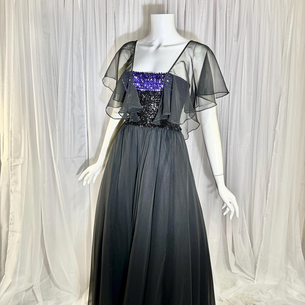 JEAN VARON, Made in England, vintage 1970s sequin and chiffon scarf evening dress