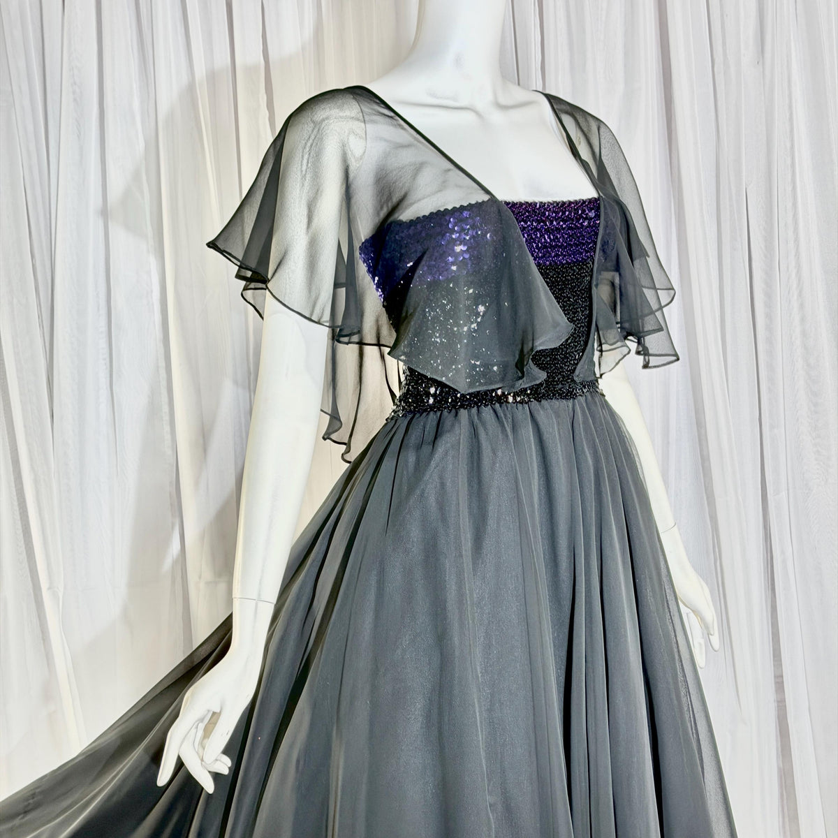 JEAN VARON, Made in England, vintage 1970s sequin and chiffon scarf evening dress