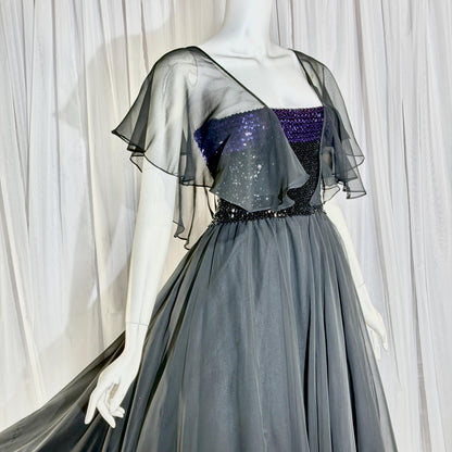 JEAN VARON, Made in England, vintage 1970s sequin and chiffon scarf evening dress