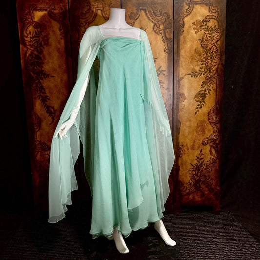 vintage evening dress gown, RUBEN PANIS 1970s Cyan Green Chiffon Wrap Cape Dress