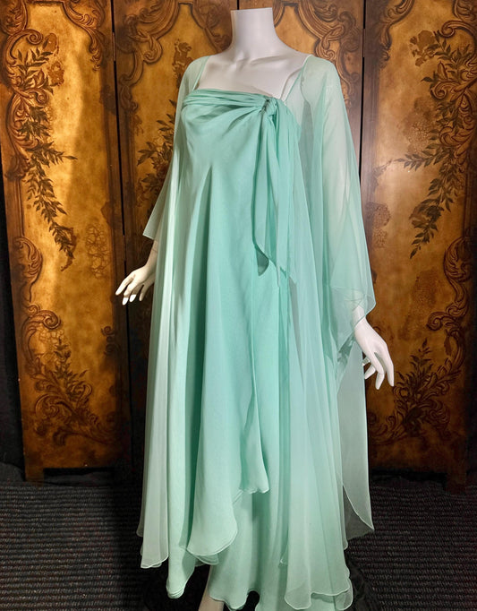vintage evening dress gown, RUBEN PANIS 1970s Cyan Green Chiffon Wrap Cape Dress
