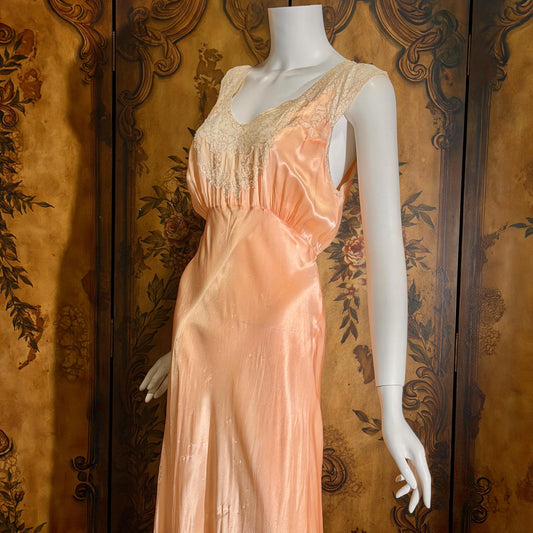 vintage nightgown slip dress, 1930s Peach bias cut lingerie dress medium