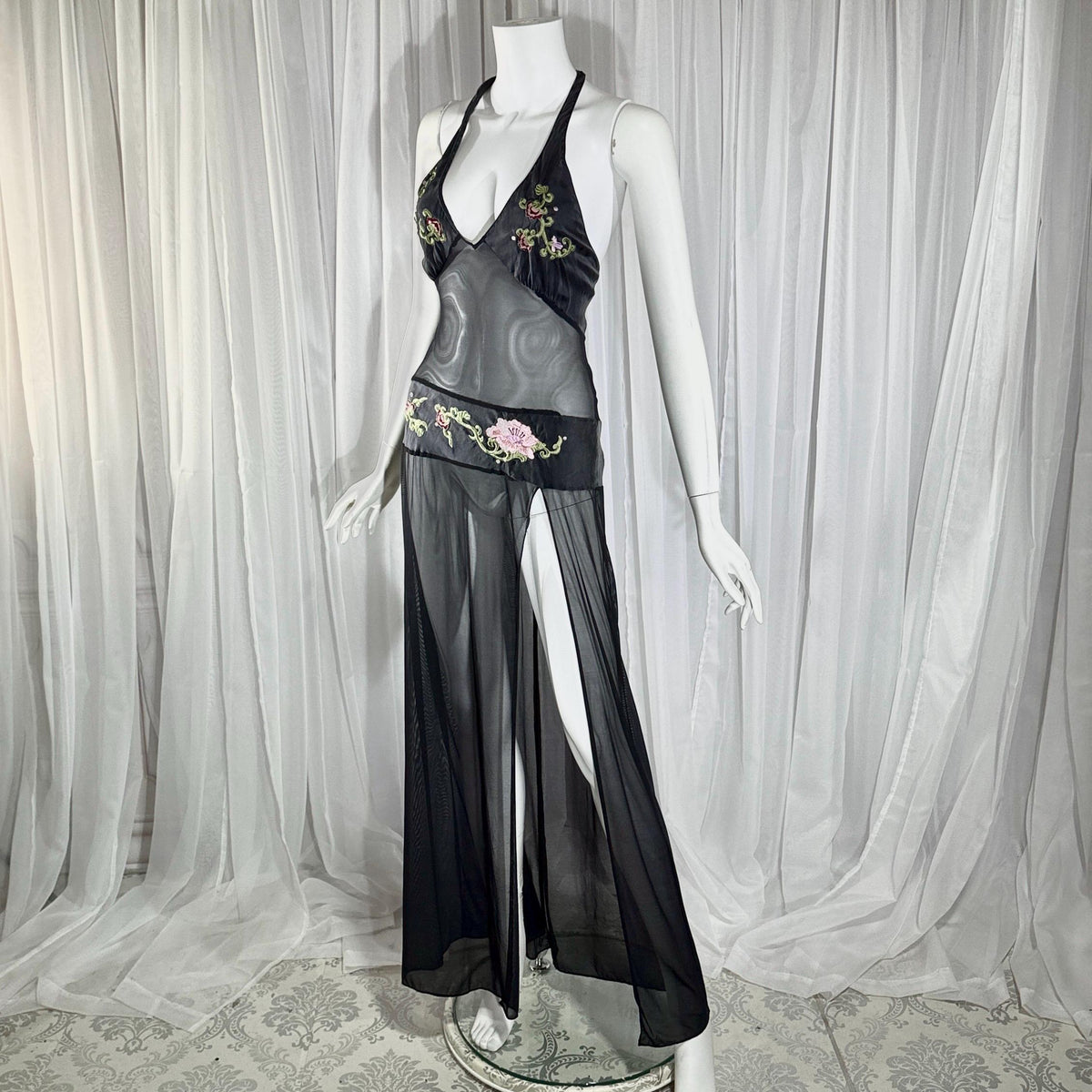 vintage JACALYN BENNETT silk nightgown, FREDERICK'S of Hollywood black lingerie slip dress