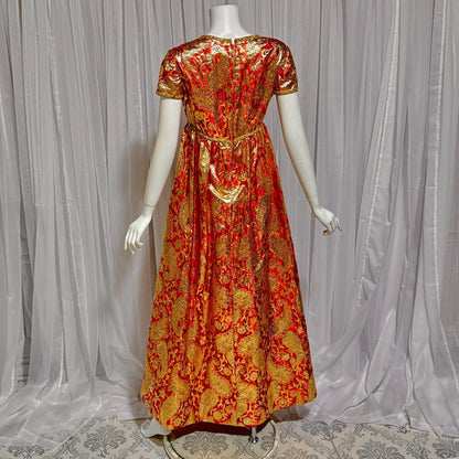 Vintage MALCOLM STARR evening gown, 1960s Bonwit Teller Metallic Brocade Empire Waist dress