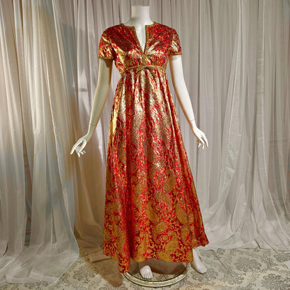 Vintage MALCOLM STARR evening gown, 1960s Bonwit Teller Metallic Brocade Empire Waist dress
