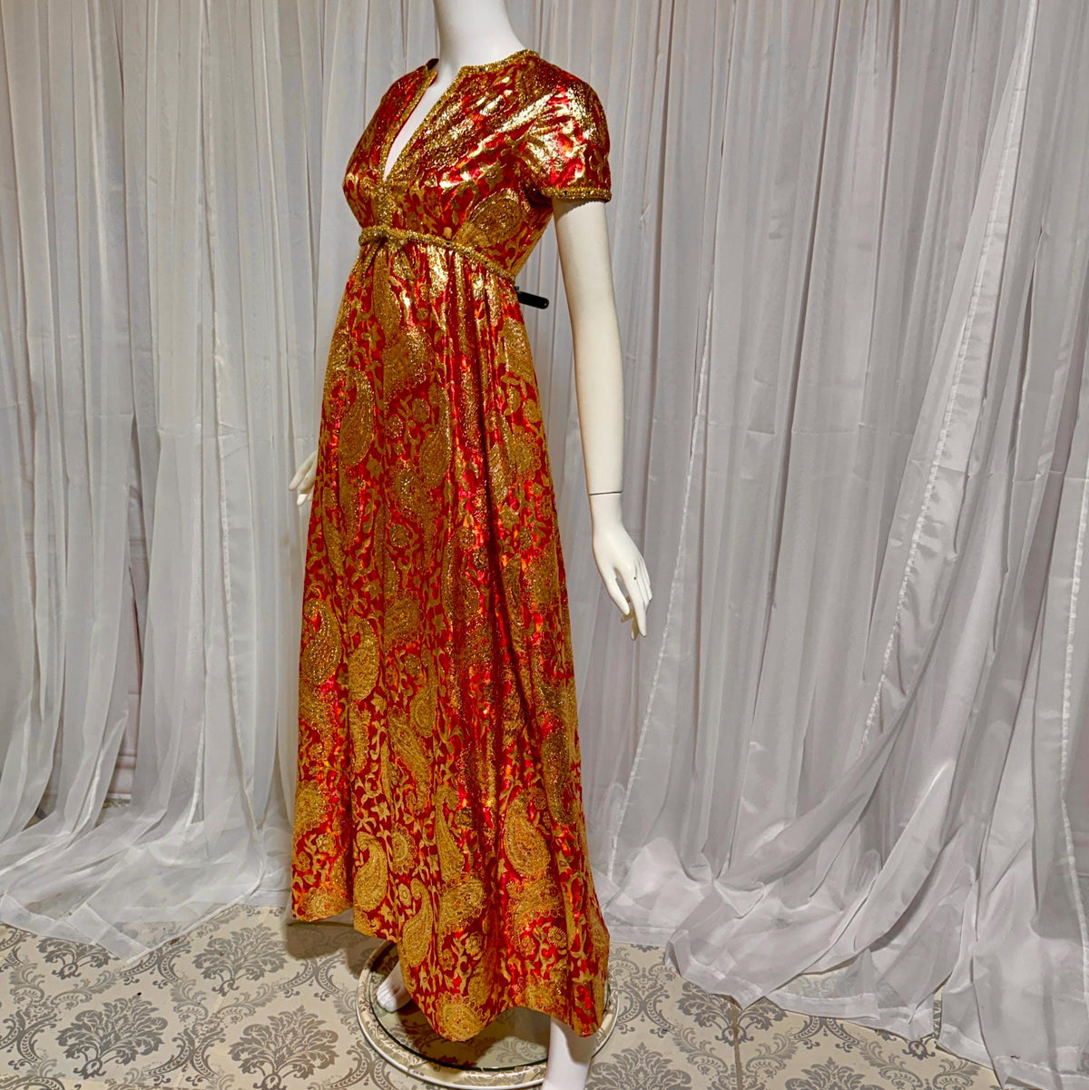 Vintage MALCOLM STARR evening gown, 1960s Bonwit Teller Metallic Brocade Empire Waist dress