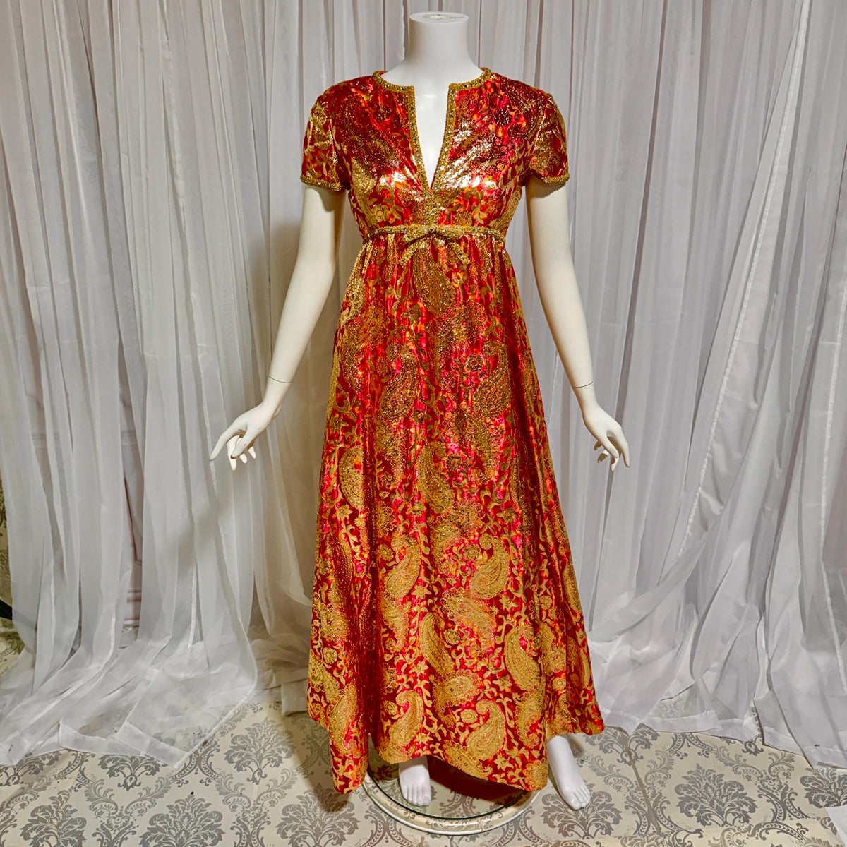 Vintage MALCOLM STARR evening gown, 1960s Bonwit Teller Metallic Brocade Empire Waist dress