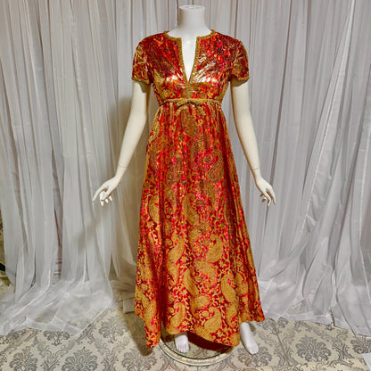 Vintage MALCOLM STARR evening gown, 1960s Bonwit Teller Metallic Brocade Empire Waist dress
