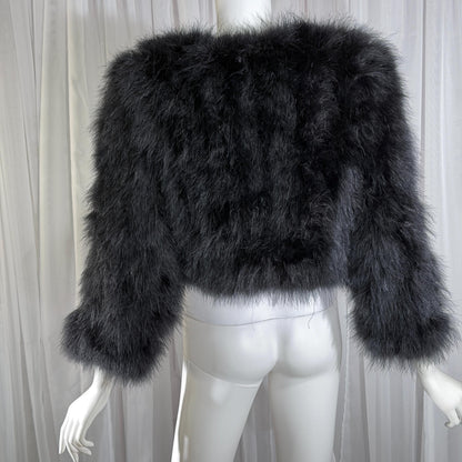 Vintage Marabou feather jacket, 1980s Black cropped evening coat