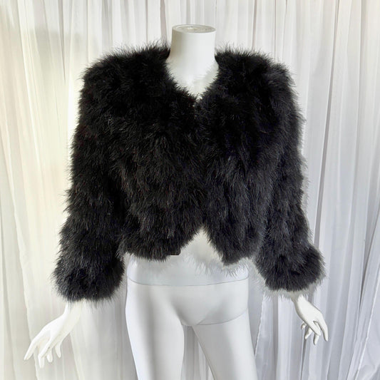 Vintage Marabou feather jacket, 1980s Black cropped evening coat