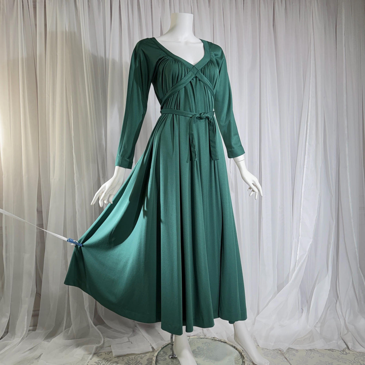 vintage VICTOR COSTA evening dress, 1970s Forest Green jersey knit goddess gown