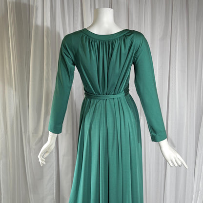 vintage VICTOR COSTA evening dress, 1970s Forest Green jersey knit goddess gown