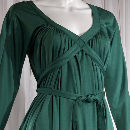 vintage VICTOR COSTA evening dress, 1970s Forest Green jersey knit goddess gown
