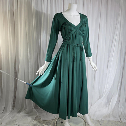 vintage VICTOR COSTA evening dress, 1970s Forest Green jersey knit goddess gown