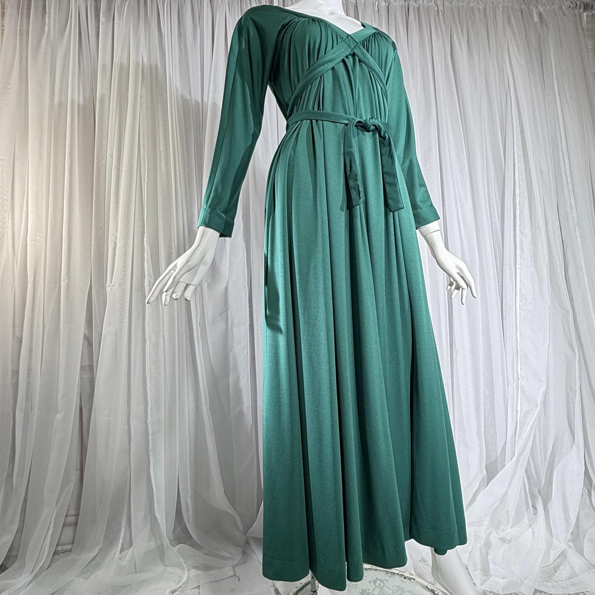 vintage VICTOR COSTA evening dress, 1970s Forest Green jersey knit goddess gown