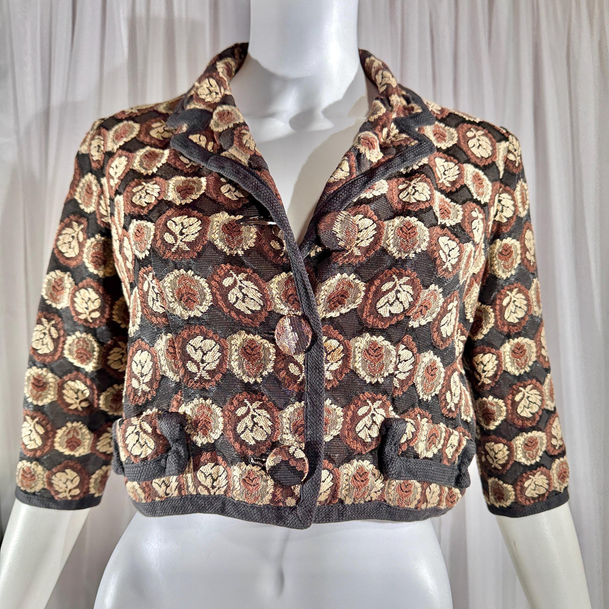 vintage 1950s cropped jacket shrug, GLORIA SWANSON brown black tapestry evening dinner top bolero