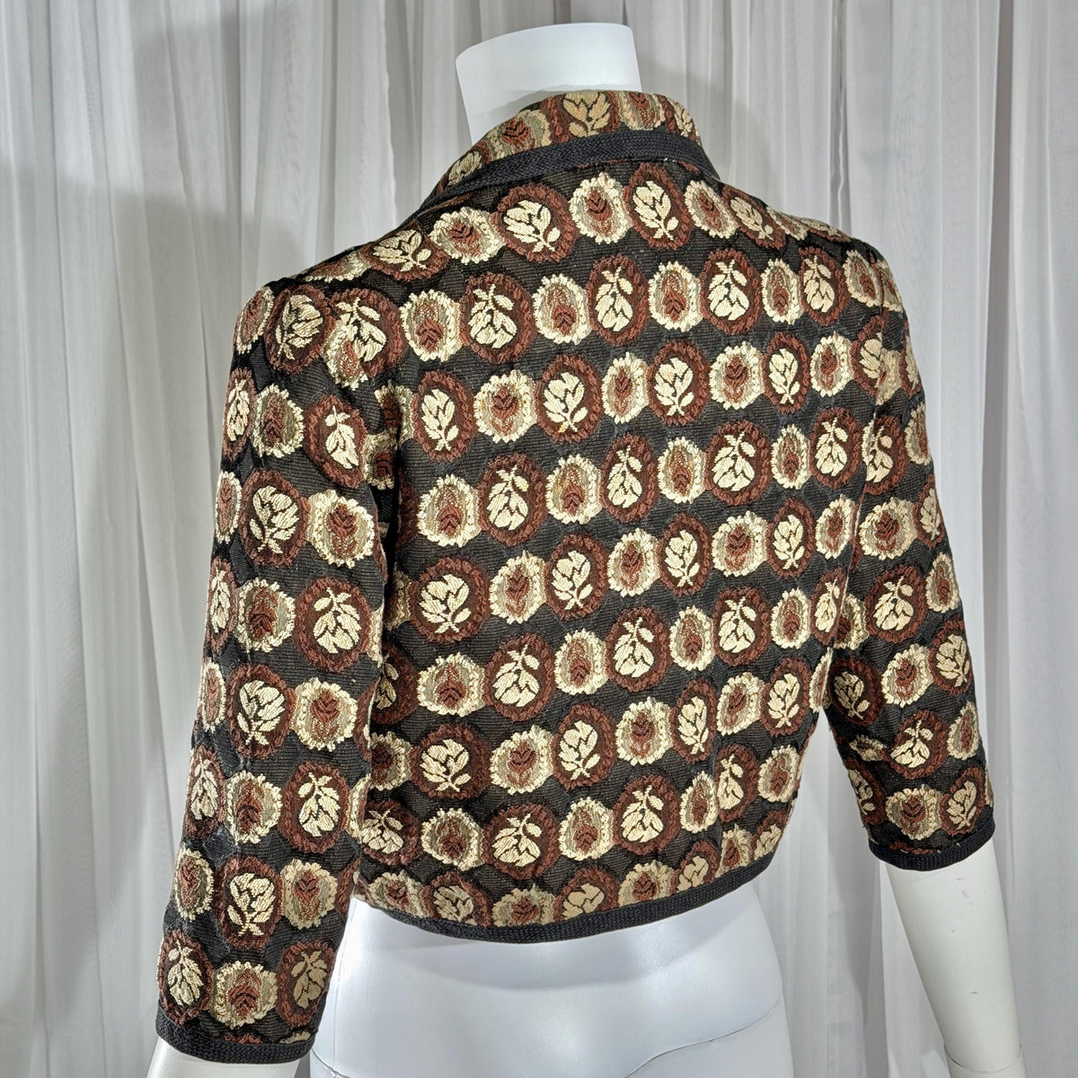 vintage 1950s cropped jacket shrug, GLORIA SWANSON brown black tapestry evening dinner top bolero