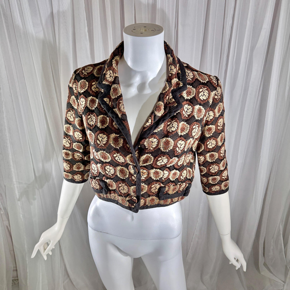 vintage 1950s cropped jacket shrug, GLORIA SWANSON brown black tapestry evening dinner top bolero