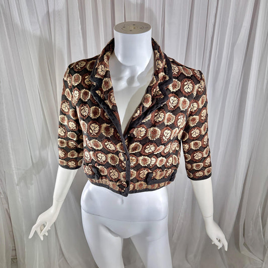 vintage 1950s cropped jacket shrug, GLORIA SWANSON brown black tapestry evening dinner top bolero