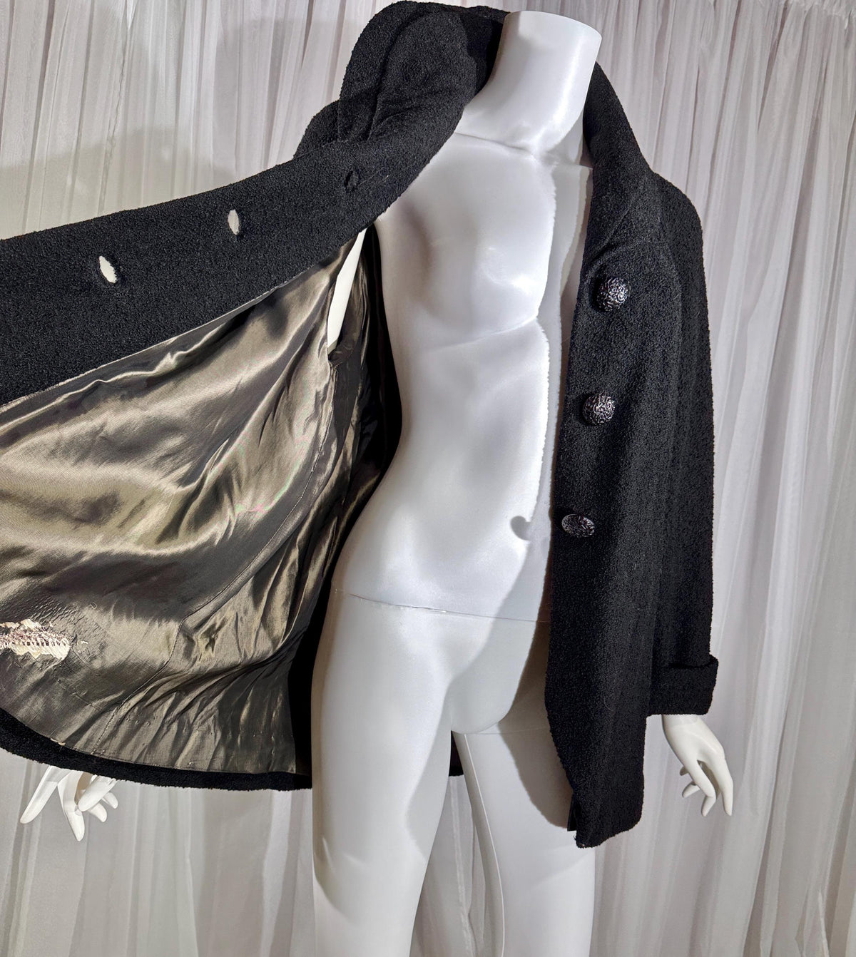 1940s vintage evening swing coat, black nubby wool jacket