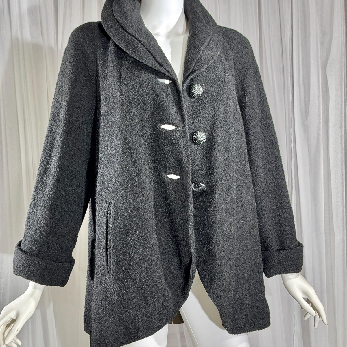 1940s vintage evening swing coat, black nubby wool jacket