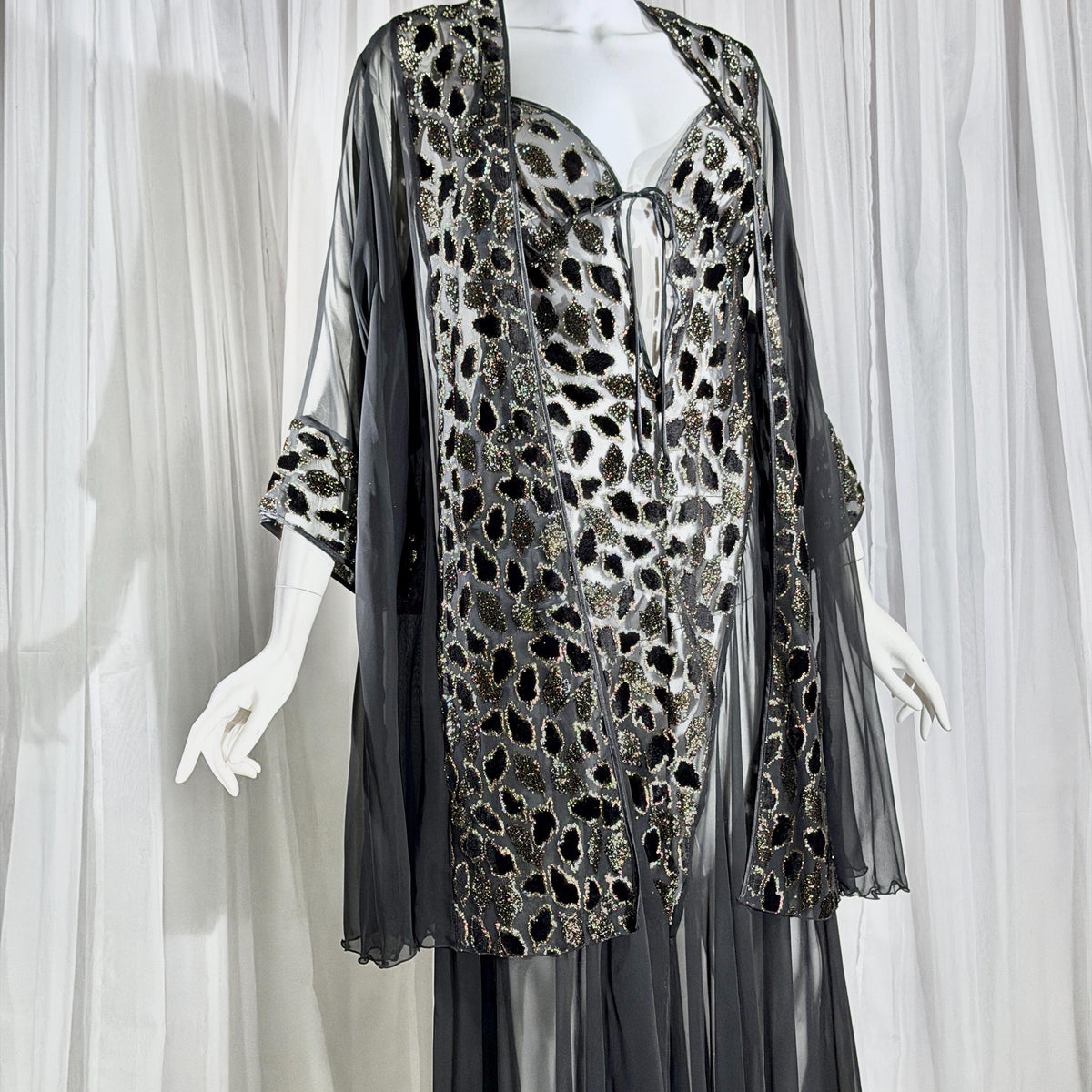 Vintage 1980s BOB MACKIE peignoir set, Sheer black burnout nightgown robe lingerie set