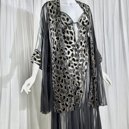 Vintage 1980s BOB MACKIE peignoir set, Sheer black burnout nightgown robe lingerie set