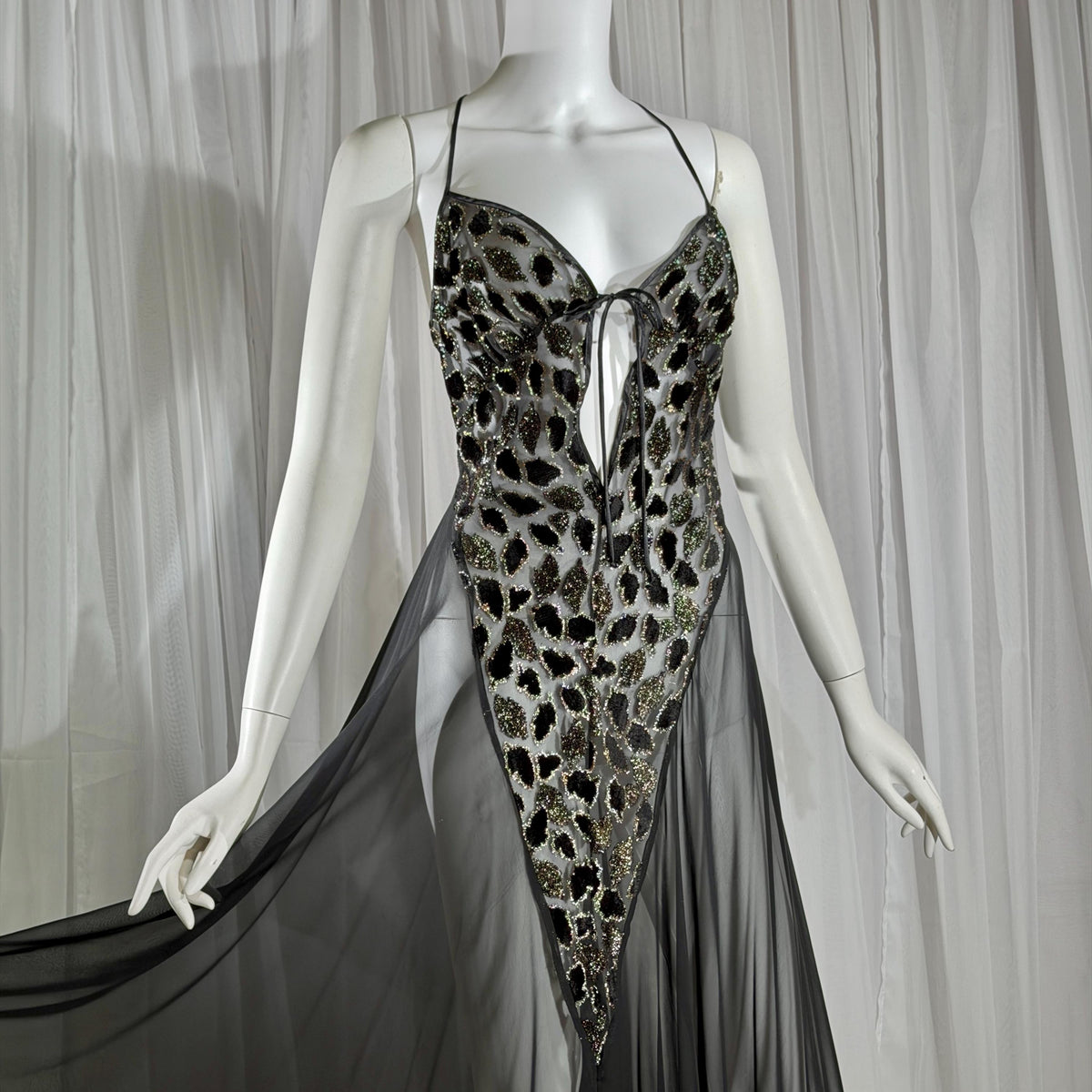 Vintage 1980s BOB MACKIE peignoir set, Sheer black burnout nightgown robe lingerie set