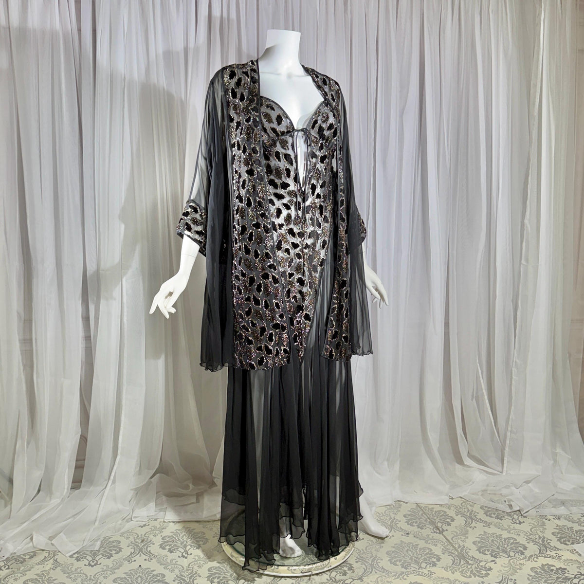 Vintage 1980s BOB MACKIE peignoir set, Sheer black burnout nightgown robe lingerie set