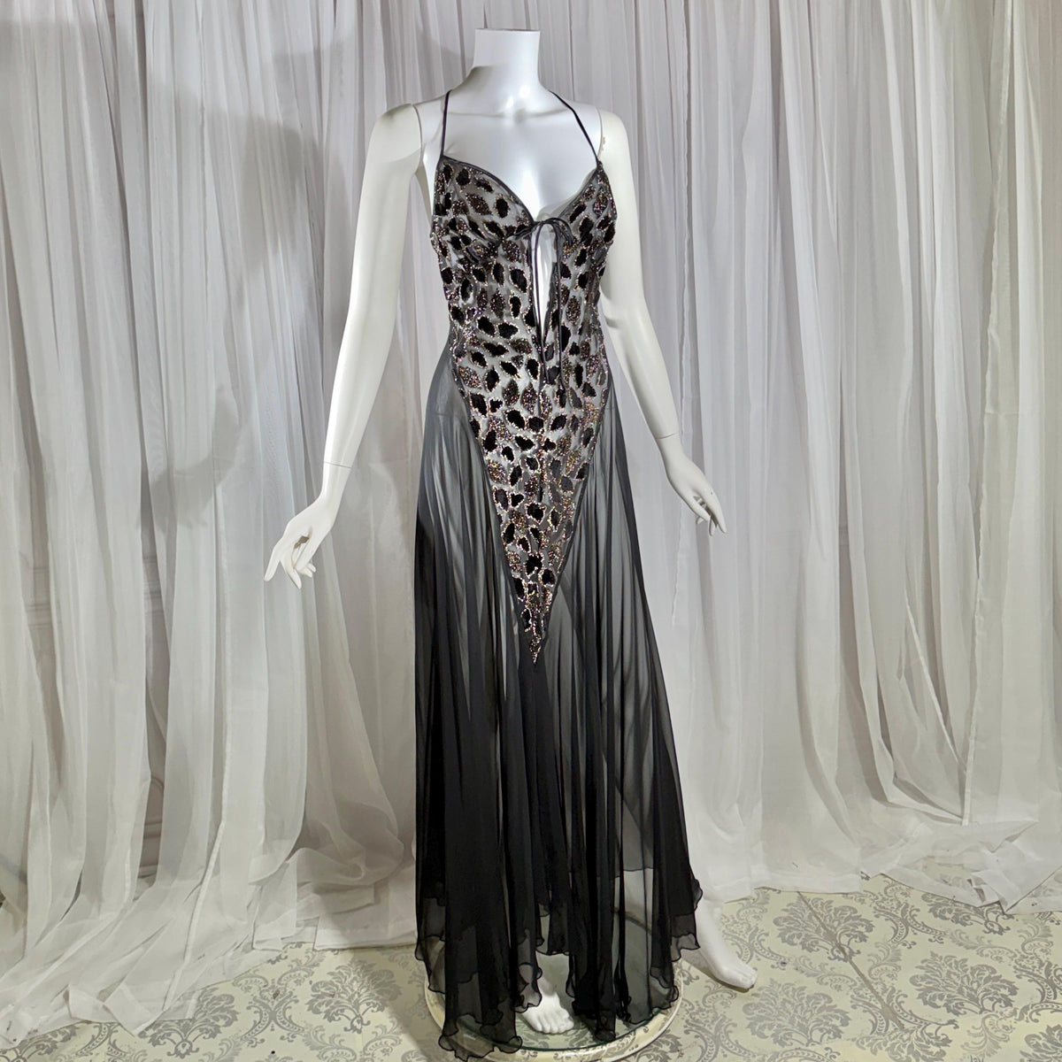 Vintage 1980s BOB MACKIE peignoir set, Sheer black burnout nightgown robe lingerie set